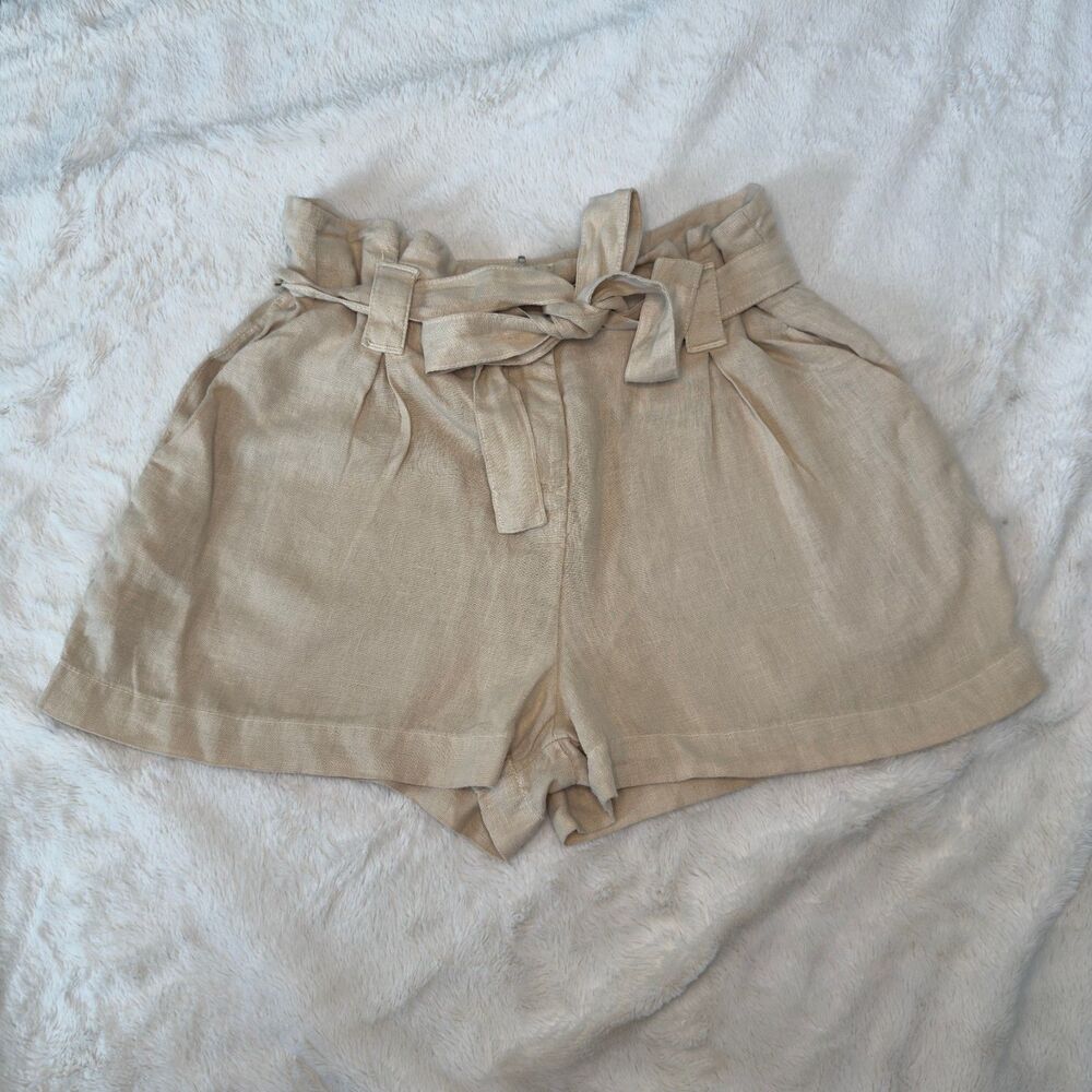 Beige linen high waisted shorts with self-tie belt